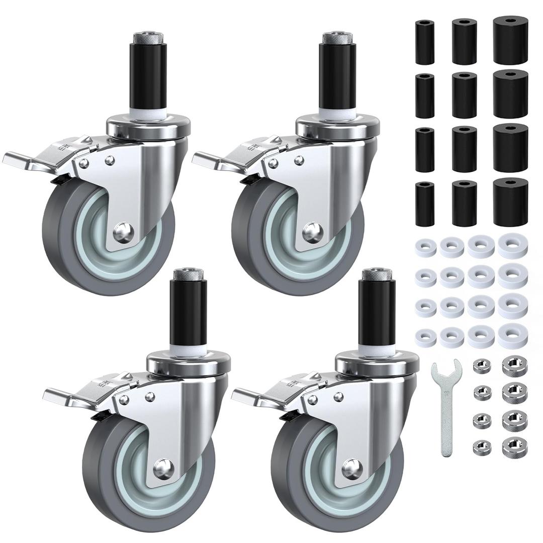 HOLKIE Caster Wheels Locking 4 Inch Expanding Stem Casters, Threaded Swivel Casters Set of 4 Heavy Duty Castors, Fit 1", 1-1/4", 1-2/5", 1-1/2",1-5/8" ID Stainless Steel Table, Cart, Furniture Legs