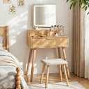 Small Vanity Desk with Lights Mirror, Compact Makeup Vanity Table with Stool, Fluted Wood Vanity with Power Outlet, 3 Color Adjustable LED, Large Drawers, Modern Dressing Table for Bedroom