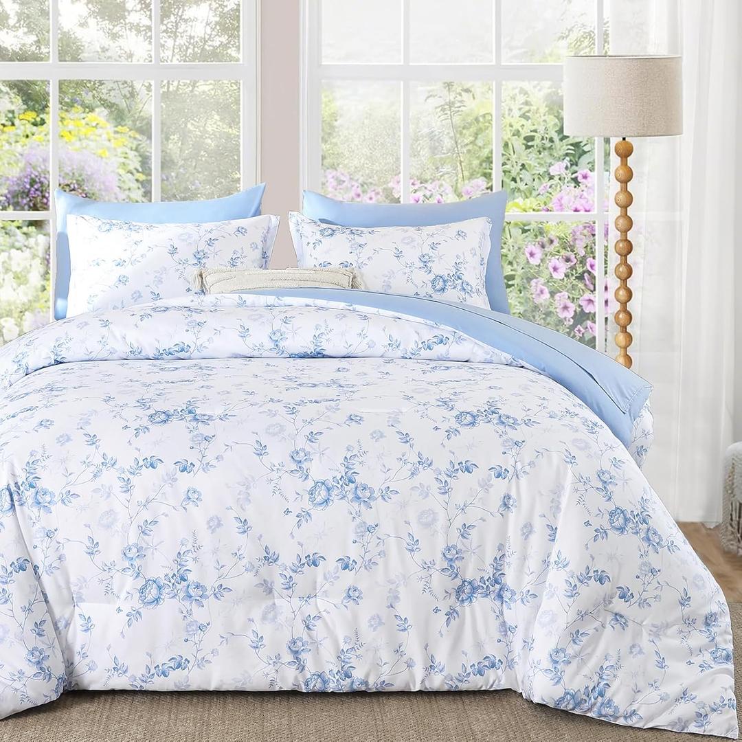 Luxudecor Floral King Comforter Set 7 Pieces Bed in a Bag, Blue Rose Romantic Flower Bed Set, Soft Reversible Comforter with Sheet Set 104"x90"