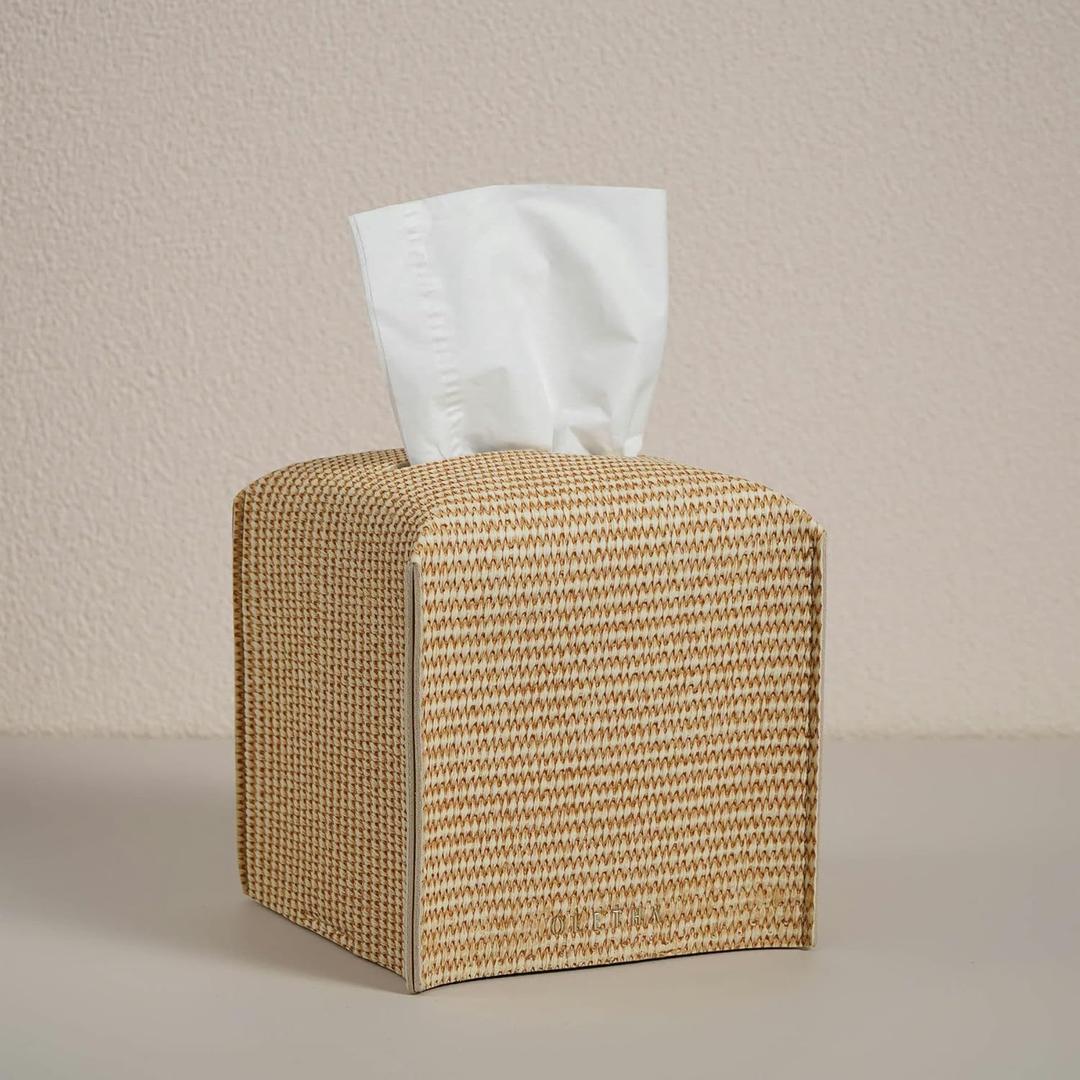 OLETHA Square Tissue Box Cover - Aesthetic Desk Decor for Room, Home & Office - Tissues Cube Boxes Holder - Rattan Textured, Set of 2