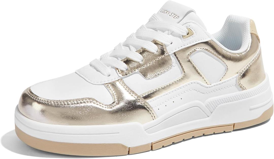 LUCKY STEP Women's Lace Up Fashion Casual Sneakers Low Top Walking Shoes Platform Comfort Non Slip Tennis Shoes (9, White/Gold)