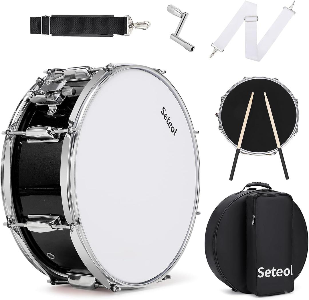 Snare Drum Kit, 14" x 5.5" Marching Snare Drum + Storage Padded Bag + Silent Mute Pad + Pair Of 5A Drumsticks + Drums Key, Portable Drums Hardware Set for Adults Kids Student Beginners (Black) (No Stand)