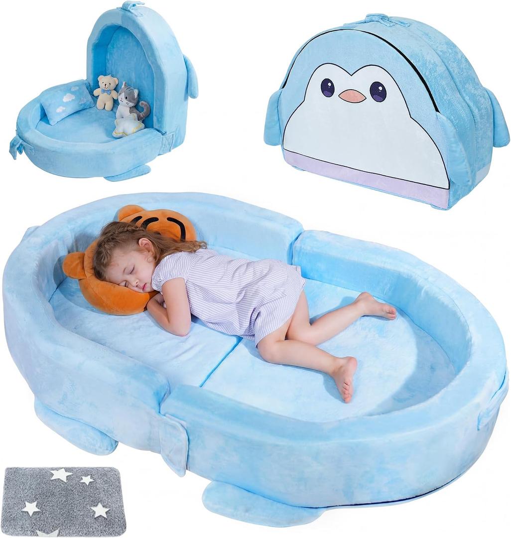 Portable Toddler Bed Folding Toddlers Floor Beds for Kids Foldable Soft Foam Travel Bed for Baby, Washable Cover Toddler Cot with Safety Rail for Travel, Home/Travel Sleep (Penguin)