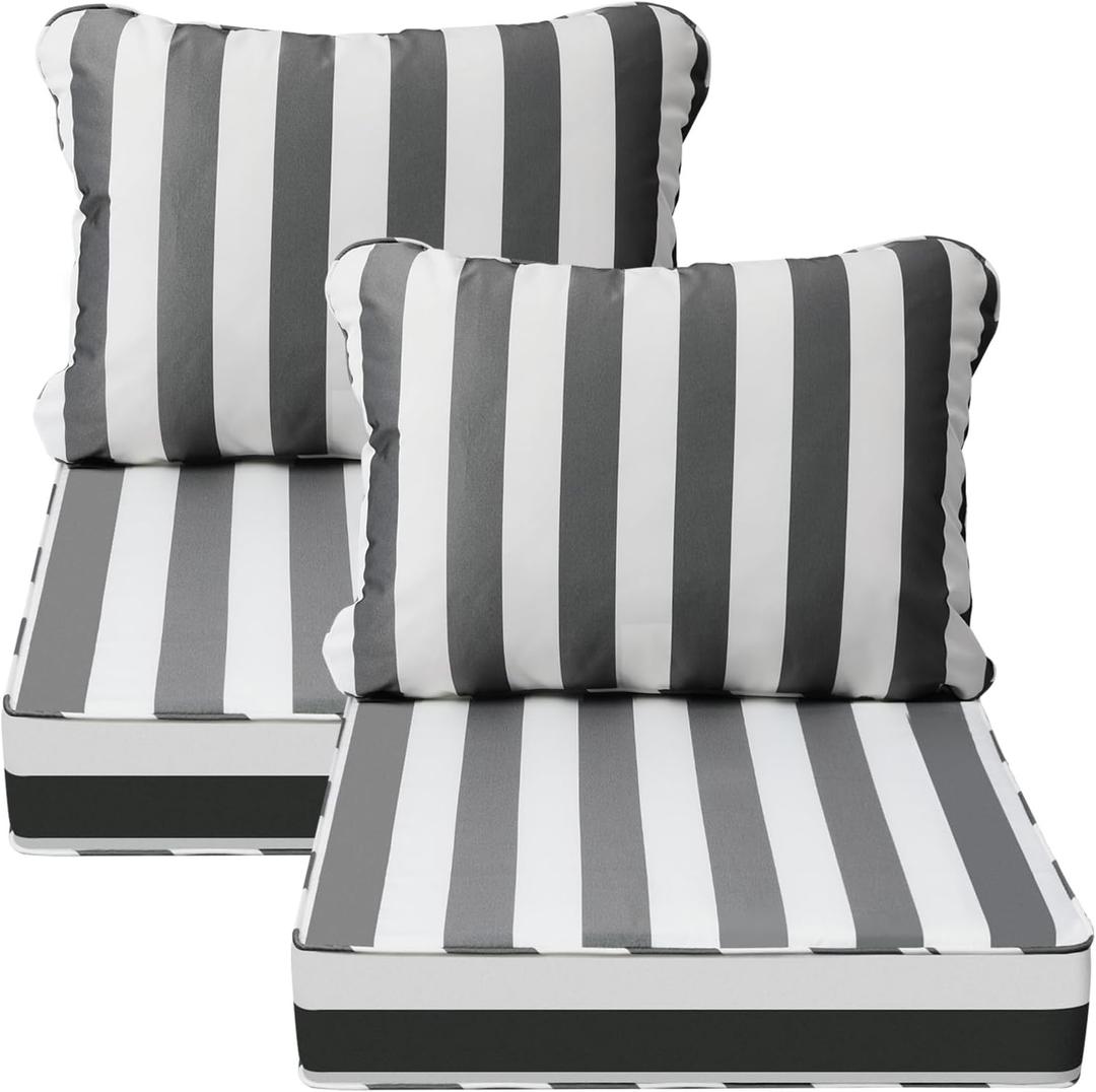 AAAAAcessories Outdoor Deep Seat Cushions, Waterproof, Fade-Resistant Patio Furniture Replacement Cushions, 25.5" x 25.5" x 5" + 25.5" x 19", Set of 2, Gray Cabana Stripe