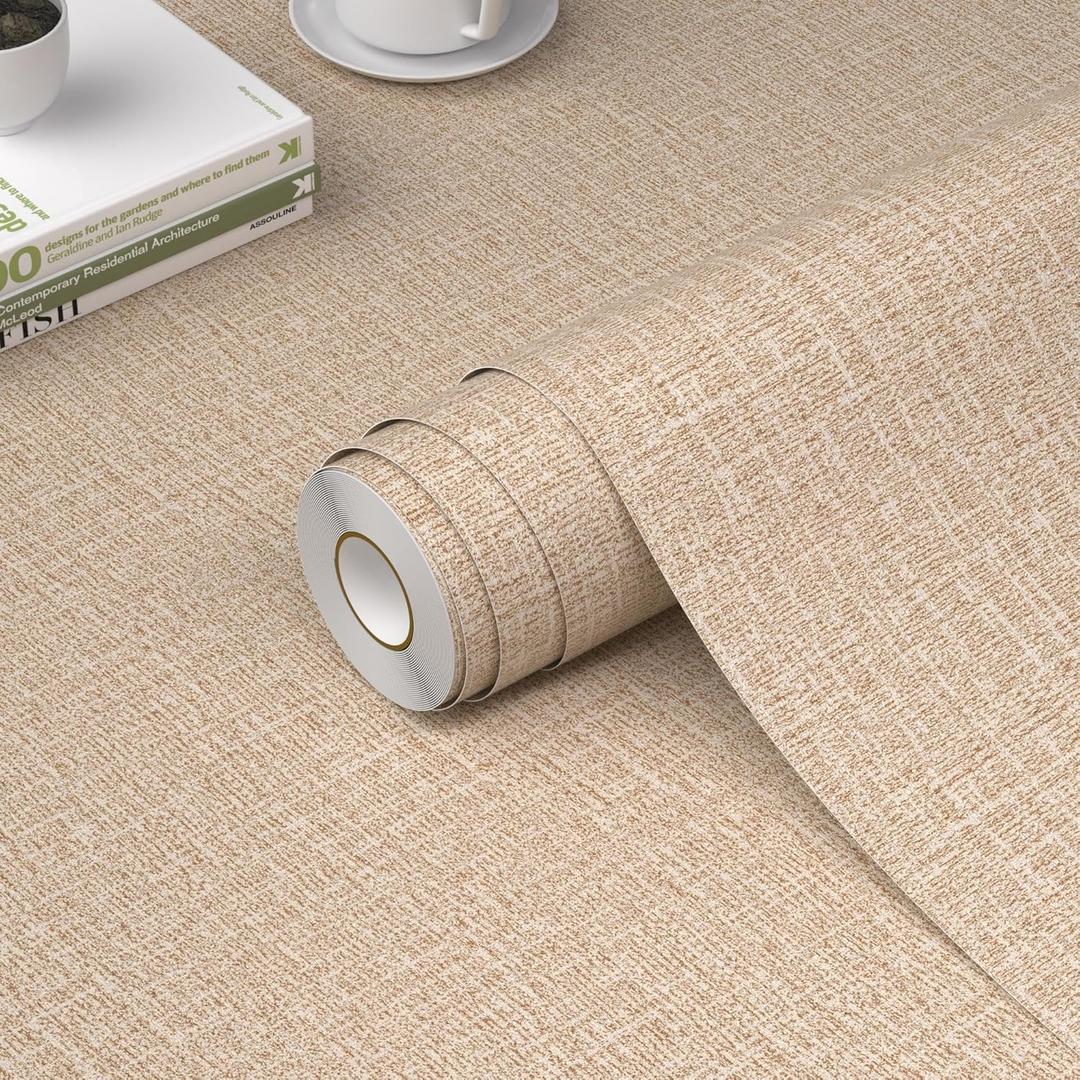 WADILE Grasscloth Peel and Stick Wallpaper 23.6in x 472in, Textured Contact Paper for Cabinets, Faux Linen Wall Paper Pull and Stick, Fabric Vinyl Wallpaper Self Adhesive Khaki