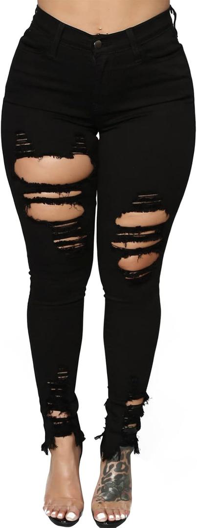 TodTan Women's Skinny Jeans Ripped Mid Rise Stretch Destroyed Denim Pants Jeans (Medium, Black)