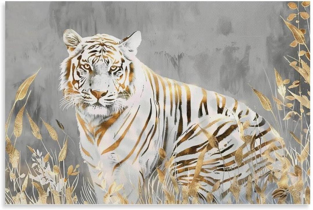 QEOPGNE White Tiger Portrait Poster Wildlife Animals White and Gold Tiger Pictures Wall Decor Abstract Canvas Wall Art for Living Room Office Bedroom Dorm Unframed 12x18inch(30x45cm)