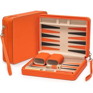 Yellow Mountain Imports Travel Size Backgammon Mini Game Set, Alanya - Magnetic Checkers and 9-inch Board in Sleek Leatherette Case - Classic Strategy Board Game