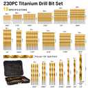 230 Pieces Titanium Twist Drill Bit Set, 135° Tip High Speed Steel, Size from 3/64" up to 1/2", Ideal Drilling in Wood/Cast Iron/Aluminum Alloy/Plastic/Fiberglass, with Hard Storage