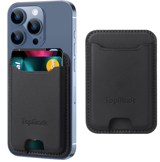 TopMade Phone Card Holder, Premium Leather Phone Wallet Stick on, Stronger 3M Adhesive Credit Card Holder for Back of Phone Case, iPhone, Samsung, and Android, RFID Blocking, Fit 4 Cards, Black