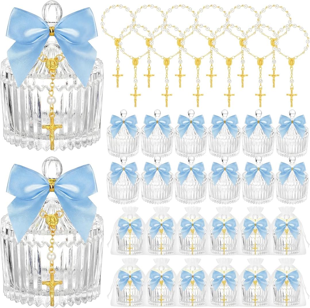 Chuangdi 12 Sets 48 Pcs Baptism Favors for Guests Crystal Candy Bowl Gifts with 12 Pcs Cross Rosary for Baptism Decorations Wedding Baby Shower Supplies First Communion Party(Blue)