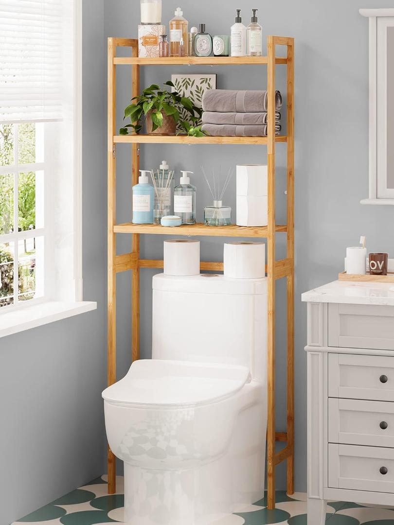 AMBIRD Over The Toilet Storage, 3-Tier Bathroom Organizer Over Toilet with Sturdy Bamboo Shelves,Multifunctional Toilet Shelf,Easy to Assemble and Saver Space, 25 * 10 * 64 Inches (Original Color)