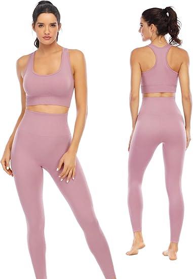 Workout Sets for Women 2 Piece High Waisted Seamless Leggings with Padded Stretchy Sports Bra Sets Gym Clothes (Small, Lotus Root Purple)