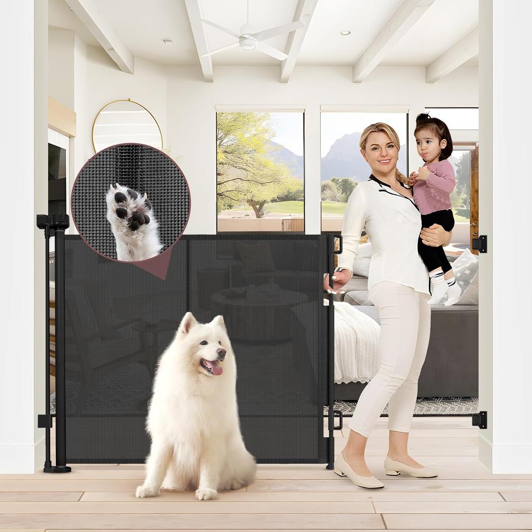 Reinforced 41 Inch Extra Tall Baby Gate 55" Wide Retractable Dog Gate with Support Rods  Prevents Crawling Under, Indoor Extra Tall Dog Gate Retractable Baby Gates Outdoor Retractable Gate, Black