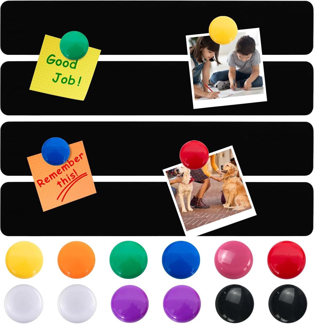 Metal Magnetic Strips with Adhesive Backing Memo Strip Black Magnet Bulletin Board with 12 Colorful Magnet for Wall Kitchen Office (4 Pcs, 2 x 12 Inch)