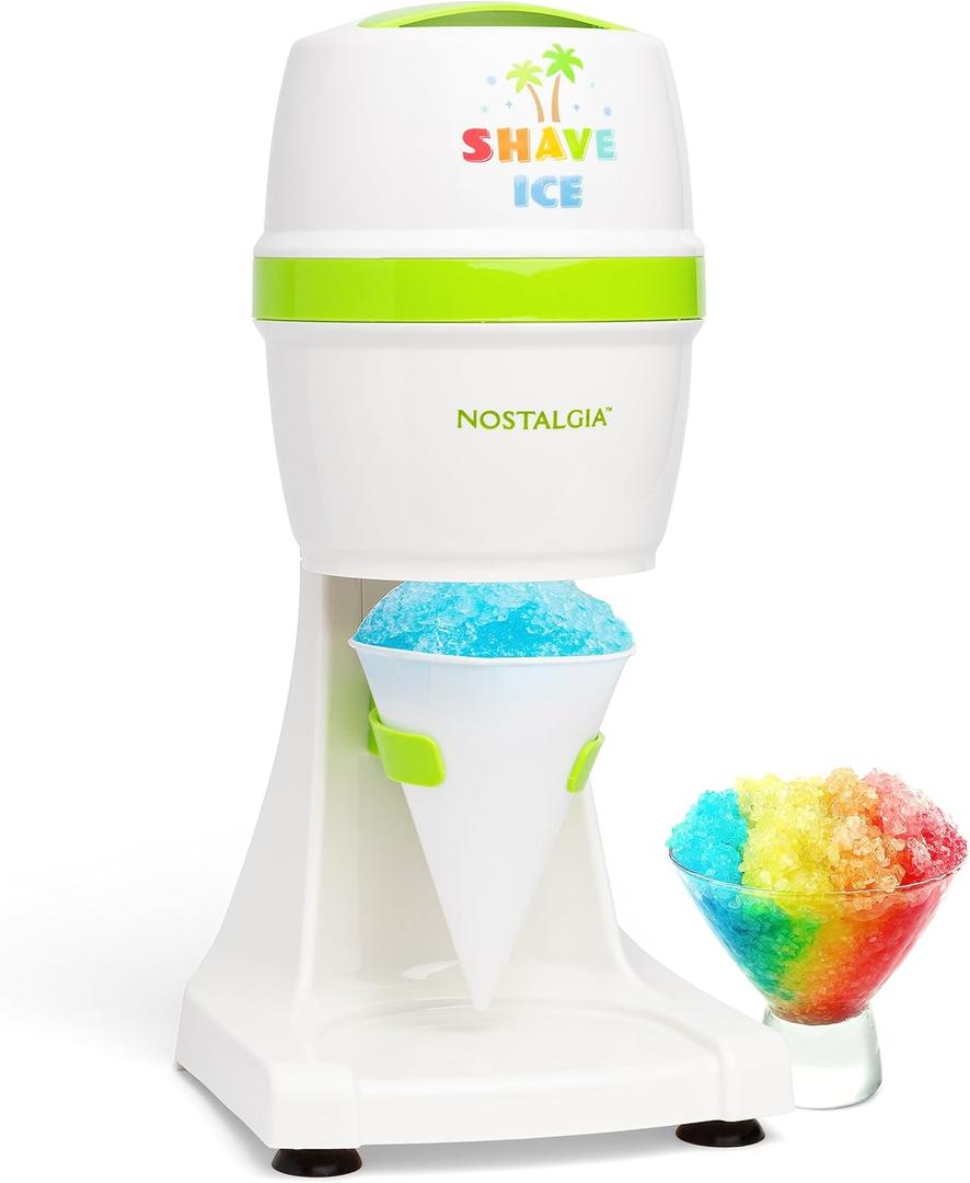 Nostalgia Snow Cone Machine With 1 Reusable Plastic Cup & Dual Ice Molds Retro Table-Top Shaved Ice Maker with Stainless Steel Blades for Fluffy Ice- Slushie Machine for Fun Gatherings- White & Green