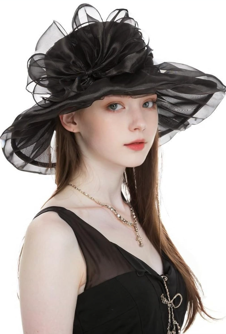 Women's Organza Hat Wide Brim Adjustable Derby Church Sun Hats Dress Bridal Shower Floral Hair Accessory Gift Box