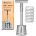 Bambaw Double Edge Safety Razor for Men with Stand, Reusable Metal Razor with 5 Double Edge Blades, Single Blade Razors for Men & Women  Silver