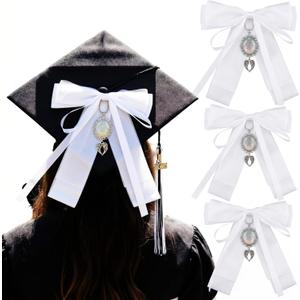EBOOT 4 Pcs 2026 Graduation Bow Photo Charm Graduation Cap Bow Memorial Charm with Tassels Class of 2026 DIY Graduate Cap Topper Keepsake White Bows Photo Charms for Graduate Caps Decorations