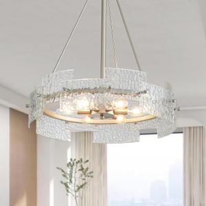 XINGQI Modern Farmhouse Chandelier 6-Light Silver Glass Drum Chandeliers 19.7" Height Adjustable Water Ripple Rustic Pendant Lighting Fixture for Dining Room Living Room Kitchen Island