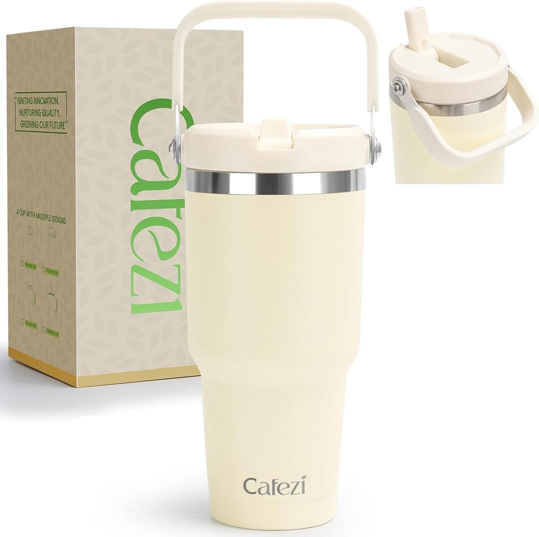 30oz Tumbler with Handle and Straw, Vacuum Insulated Tumblers with Flip Straw and Top Handle, Reusable Insulated Cup for Home, Outdoors, Leakproof, Fits in Cup Holder, Cold for 30 Hours (Cream)