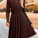 PRETTYGARDEN Women's Fall Short Dress Ribbed Knit Crewneck Long Sleeve A Line Flowy Casual Elegant Going Out Winter Dresses (Brown, S)