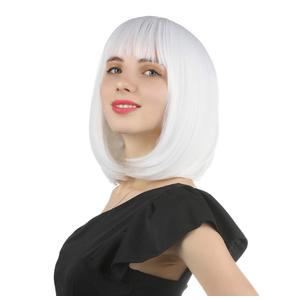 eNilecor Short Bob Hair Wigs 12" Straight with Flat Bangs Synthetic Colorful Cosplay Daily Party Wig for Women Natural As Real Hair+ Free Wig Cap (White)
