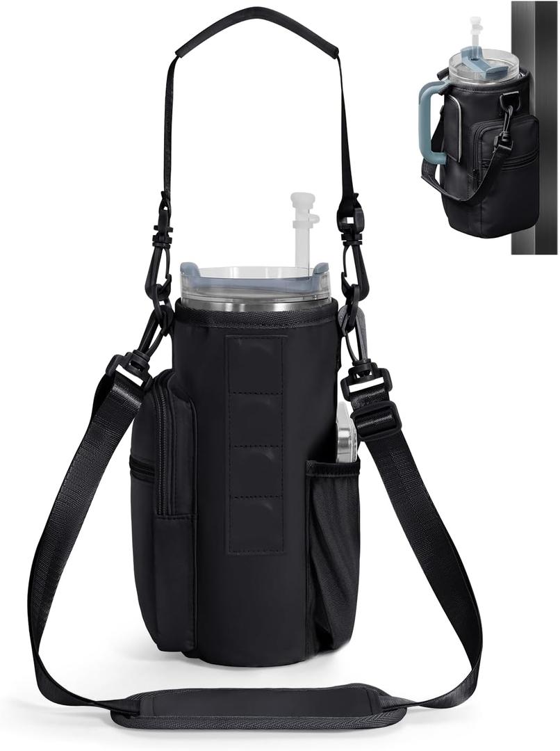 sportsnew Magnetic Gym Bag for Women Men, Water Bottle Carrier Holder with Strap & Phone Pockets for 40oz Tumbler with Handle, 4 Built-in Magnets Small Gym Bag for Sports, Workout, Fitness, Walking (Black)