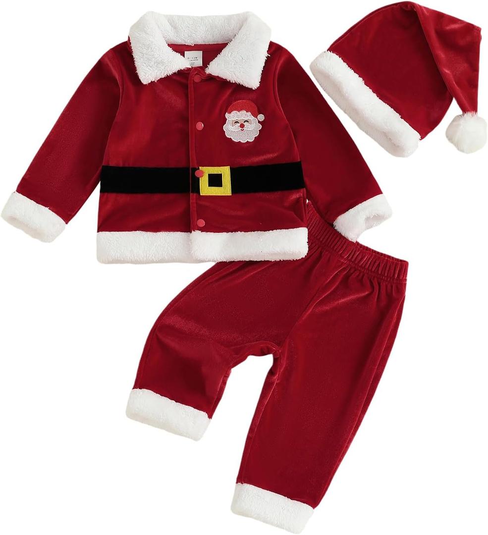 ZAXARRA Baby Christmas Clothes Boys Girls Santa Jacket Velvet Outwear Coat Long Pants with Hat Baby Santa Costume (12-18 Months)