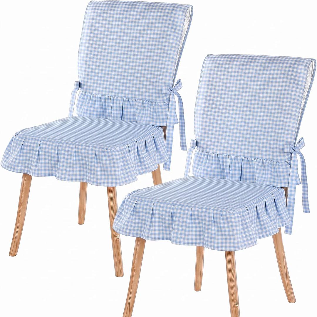 Irenare 2 Sets 17.7'' Gingham Ruffle Chair Cushions Cover and Back Cover