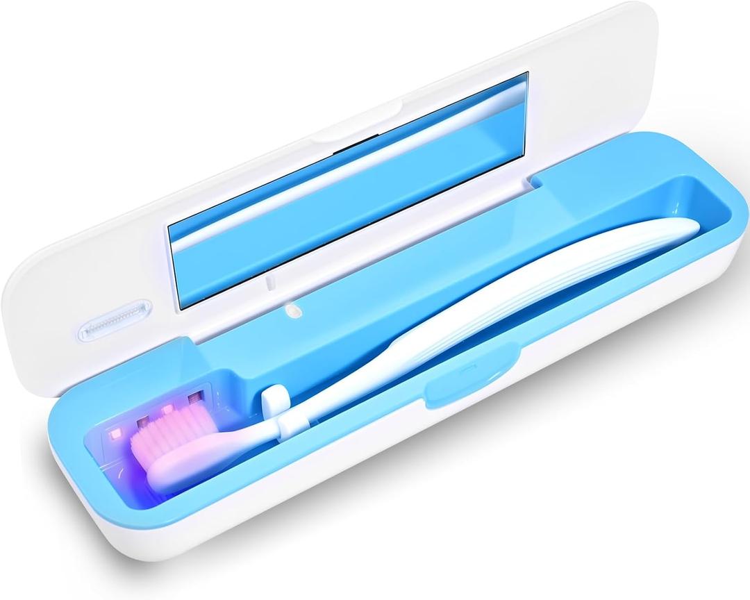 UV Toothbrush Sanitizer and Holder, Portable Travel Case and Cover, Toothbrush Cleaner Powered by AA Battery or USB-C, Fits Most Brushes (White-Blue)
