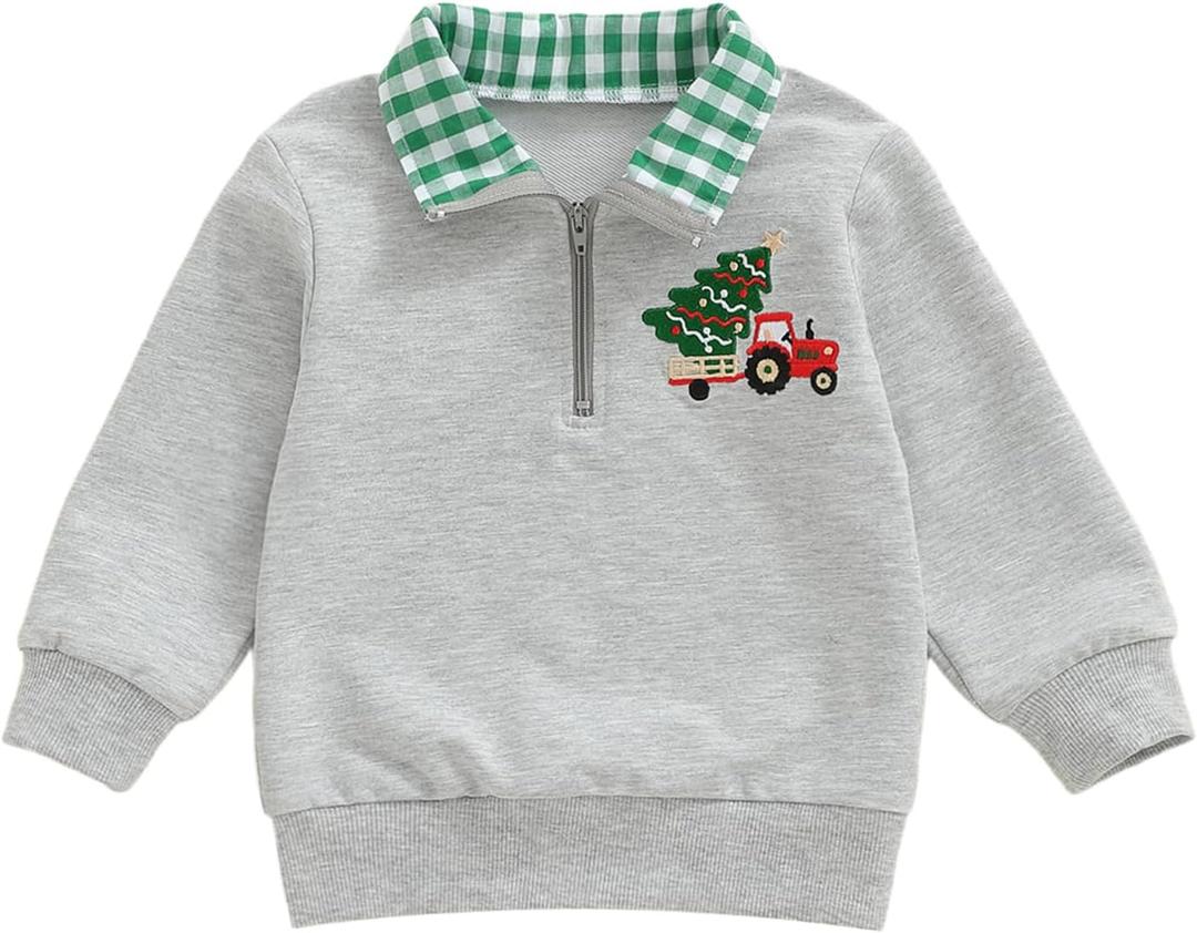 Toddler Boy Girl Christmas Outfit Quarter Zip Sweatshirt with Plaid Collar Shirt Pullover Top (3-4T, A1 Grey)