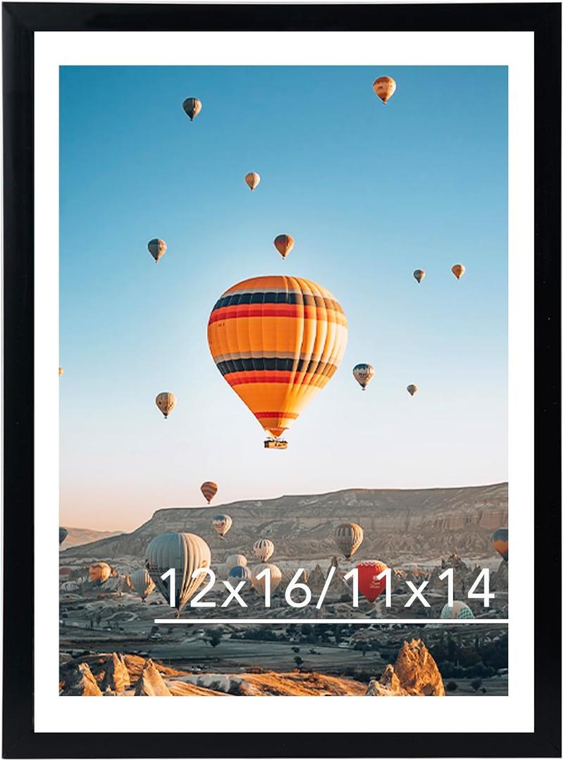 12x16 Picture Frame Black with 11x14 Mat, Display Photo 11x14 with Mat or 12 x 16 Without Mat, Wall Hanging Large Frame with Plexiglass, Black