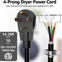 Elecan 4-Prong Dryer Power Cord 10 Ft Black, 30 Amp Appliance Power Cord with Dryer Replacement Plug, 4 Color-Coded Wire, Eyelet Connectors, NEMA 14-30P to 4-Wire, 10 AWG SRDT, ETL Listed