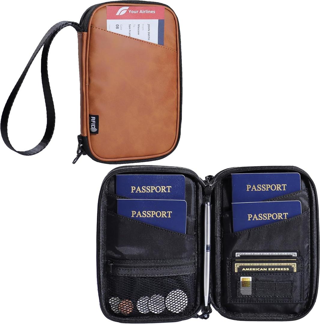 family passport holder for 4 brown multiple passport bag passport wallet for travel passport cover rfid blocking for women waterproof wallet with zipper passport case for men