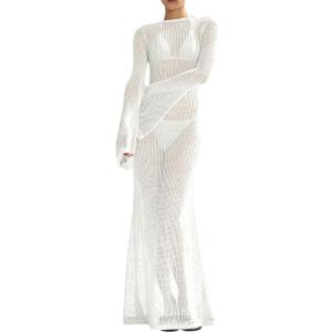 Saodimallsu Womens Crochet Cover Ups Long Sleeve Sexy Mesh Backless Knit Swimsuit Coverup Beach Maxi Dress (Medium, White)