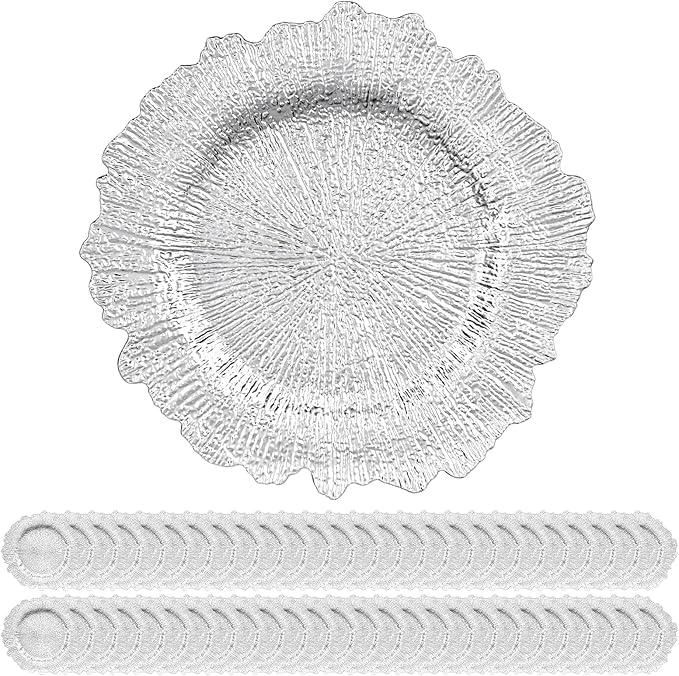 24 Pack Black Charger Plates Bulk, 13" Plastic Reef Chargers for Dinner Plates, Round Charger Plate with Floral Reef Design for Dinner Wedding Party Table Setting Decoration