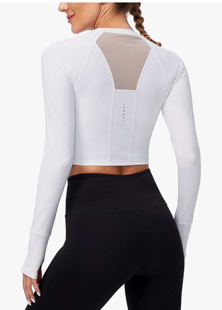 SANTINY Women's Long Sleeve Crop Workout Tops Slim Fit Gym Yoga Running Shirts for Women Size M