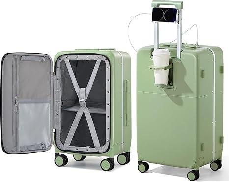 Hanke 24 Inch Luggage with Cup Holder and Charge,Top Opening Hard Shell Suitcases with Wheels and Dividers,Aluminum Frame Trunk Luggage Medium Checked Suitcase with Lock for Travel, Bamboo Green