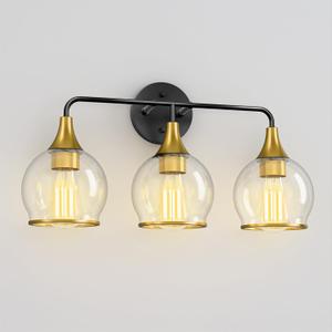 3-Light Bathroom Light Fixtures, Black Gold Modern Vanity Lights with Clear Glass Shade, Bathroom Wall Lamp for Mirror Living Room Hallway Cabinet Porch, ETL Listed