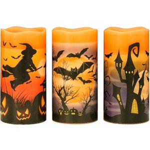 Eldnacele Halloween Flameless Flickering LED Candles with 6-Hour Timer, Battery Operated Wax Candles Assorted Decals Witch, Bats, Castle Set of 3 for Decoration