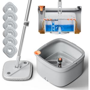 KZKR Spin Mop and Bucket Set with Self Separation Dirty and Clean Water System, Self Wringing 360 Rotating Square Mop Head for Home Floors Cleaning (1.0 Mop and Bucket Set (6 Pads))