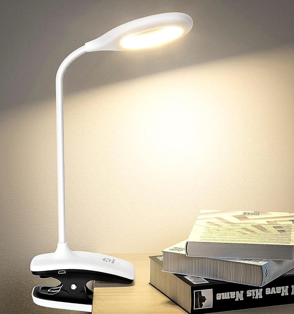 DEEPLITE LED Desk Lamp Clip on Lamp Battery Powered Clip on Light Book Light for Bed, Eye-Caring Flexible Arm Memory Touch 3 Color Modes & Stepless Brightness Portable Reading Light for Study Work. (White)