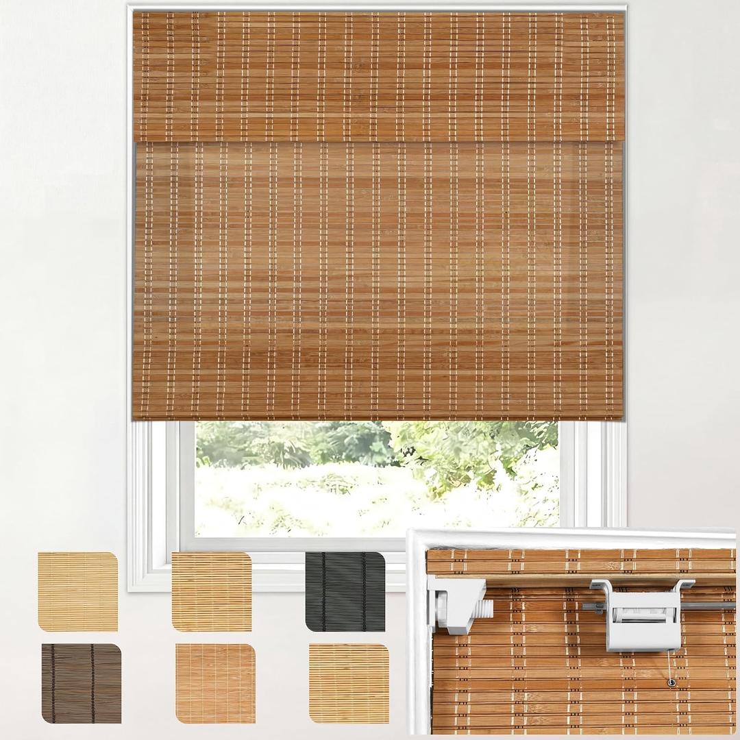Cordless No Drill Bamboo Roman Shades, Natural Bamboo 22"W x 36"H, 36"W x 22"H-FBA