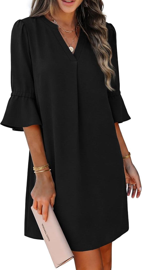RUMIA Shift Dress for Women V Neck Ruffle Sleeve Loose Summer Office Work Casual Dress (Black, XL)