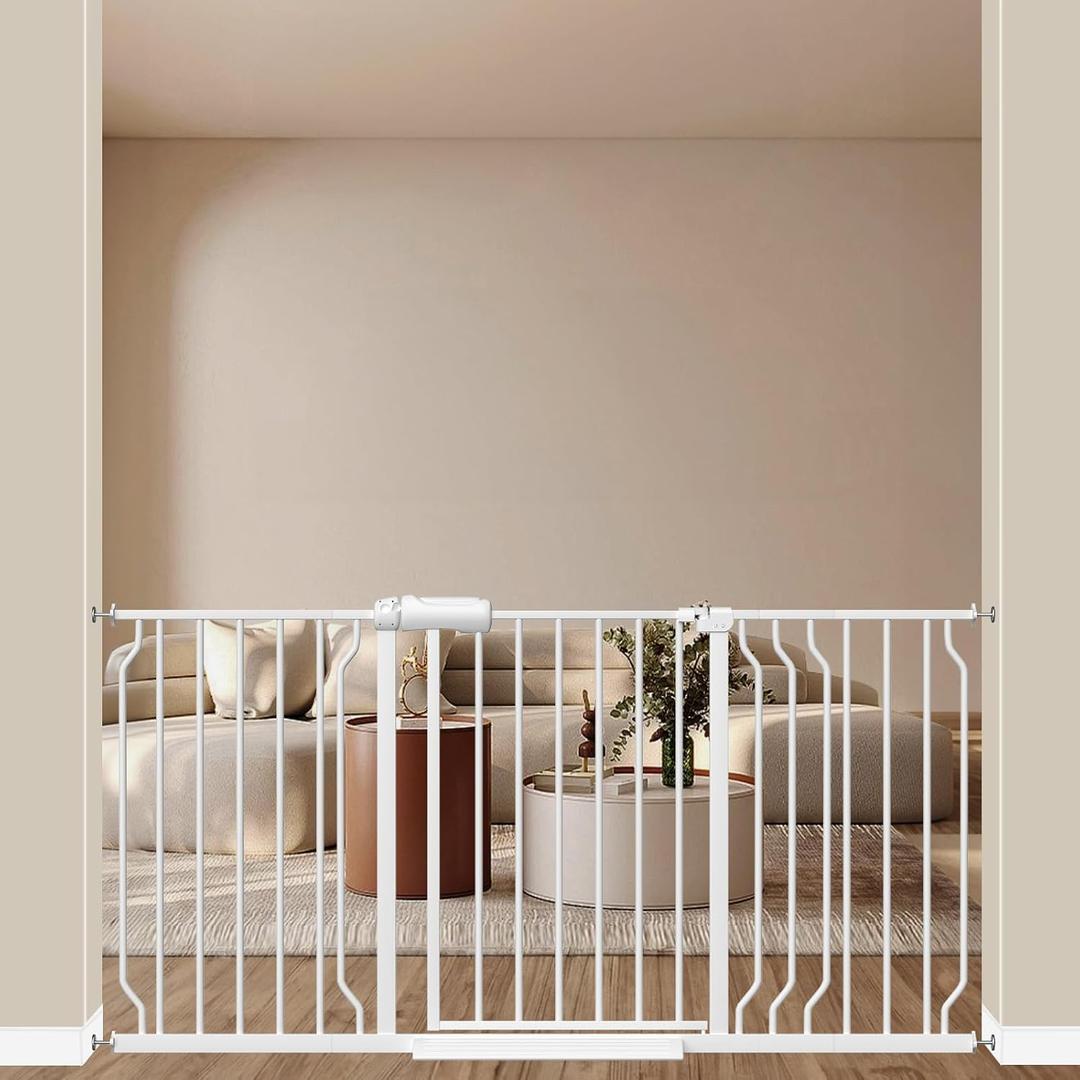 ALLAIBB Extra Wide Baby Gate Pressure Mount Auto Close White Metal Child Dog Pet Safety Gates with Walk Through for Stairs,Doorways,Kitchen and Living Room(71.65-76.38"/182-194cm)
