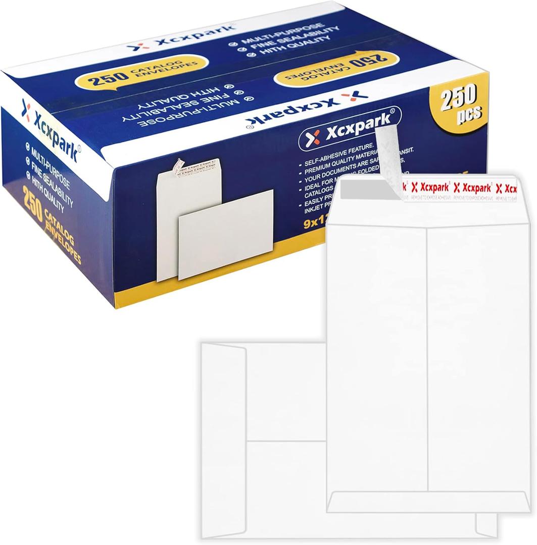 Xxcxpark 250 PCS 9x12 inches Security Catalog Envelopes Printable Self Seal Envelopes, Anti Tear White Kraft Envelopes for Invitation Cards, Pictures, Photos, Documents