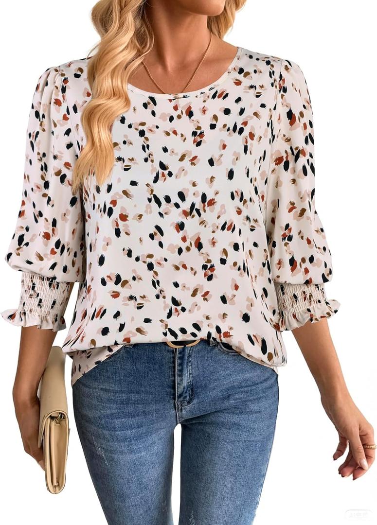 SOFIA'S CHOICE Womens Chiffon Blouse 3/4 Sleeve Smocked Cuff Flowy Business Casual Dressy Work Top Multicolor, Medium