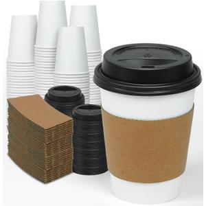Ginkgo 100 Pack 12 oz Disposable Thickened Paper Coffee Cups with Lids and Sleeves, To Go Hot Coffee Cups, Hot Chocolate, Cocoa and Coffee Bar Supplies