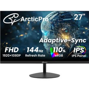 ArcticPro 27 Inch Monitor 144Hz, FHD 1080p Computer Monitor, IPS Gaming Monitor, Adaptive Sync, 110% sRGB, 1ms, 3-Sided Frameless, Ultra Slim, VESA Mountable, Anti-Blue Light Design, HDMI, DP